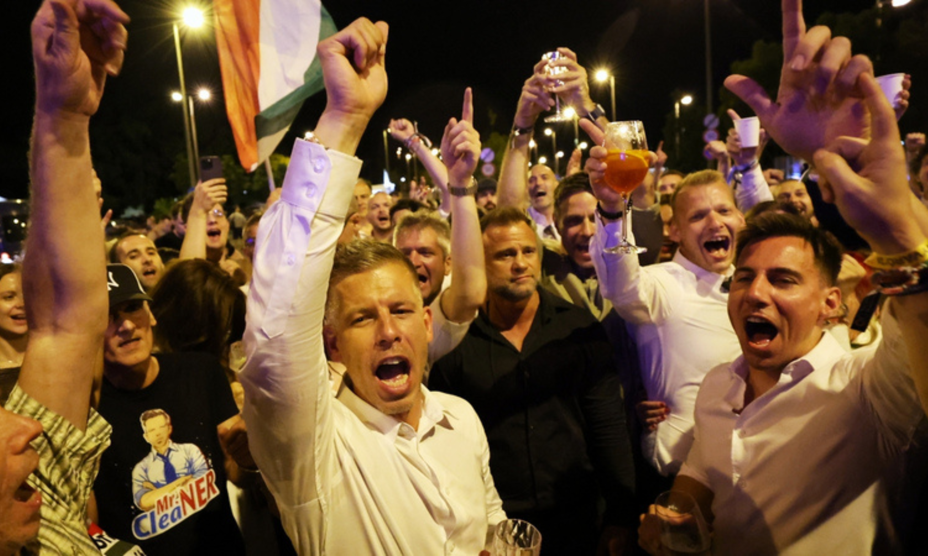 Peter Magyar celebrating the night his Tisza Party does well at the 2024 EU Parliament elections in Hungary.